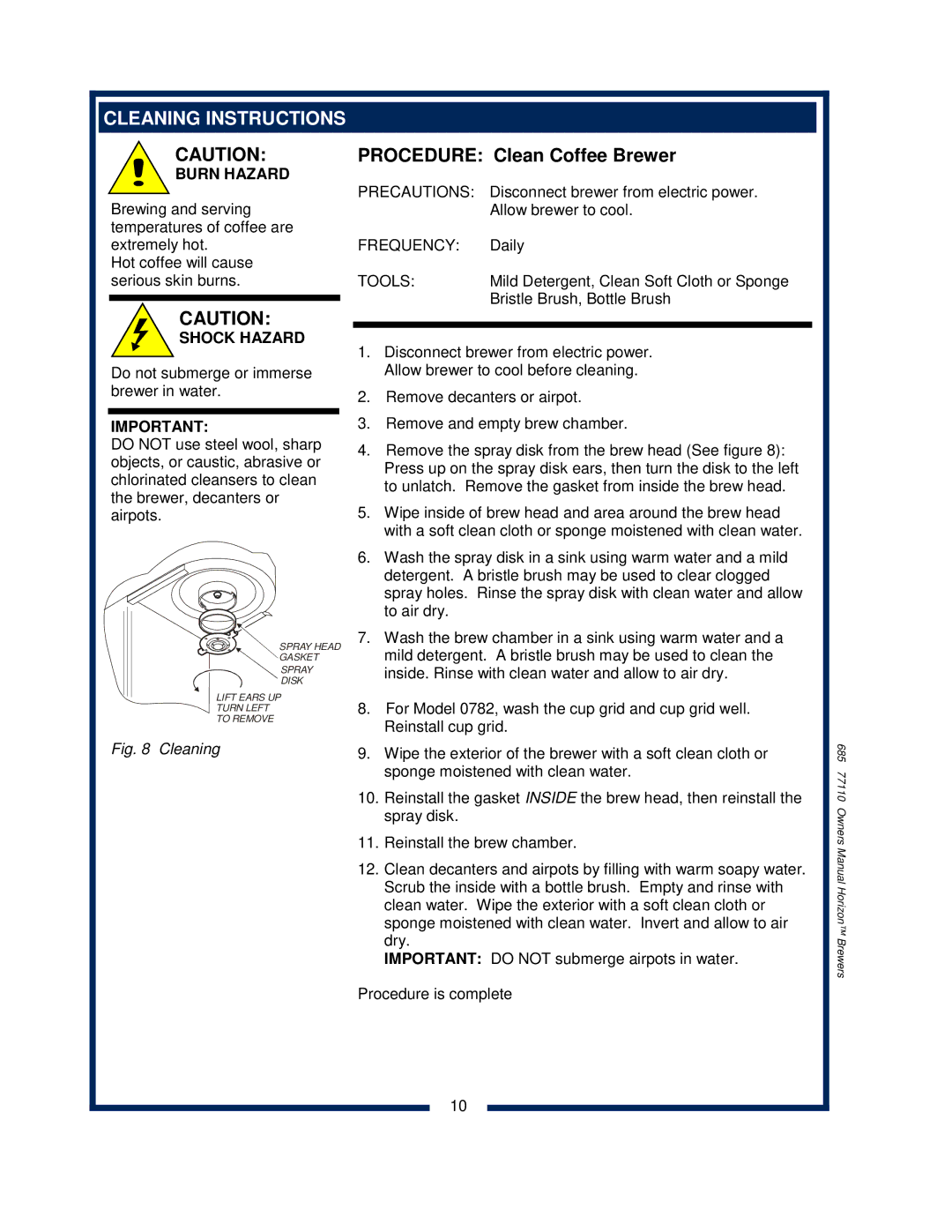 Bloomfield 0471, 0412, 0443, 0482, 0472 owner manual Cleaning Instructions, Procedure Clean Coffee Brewer 