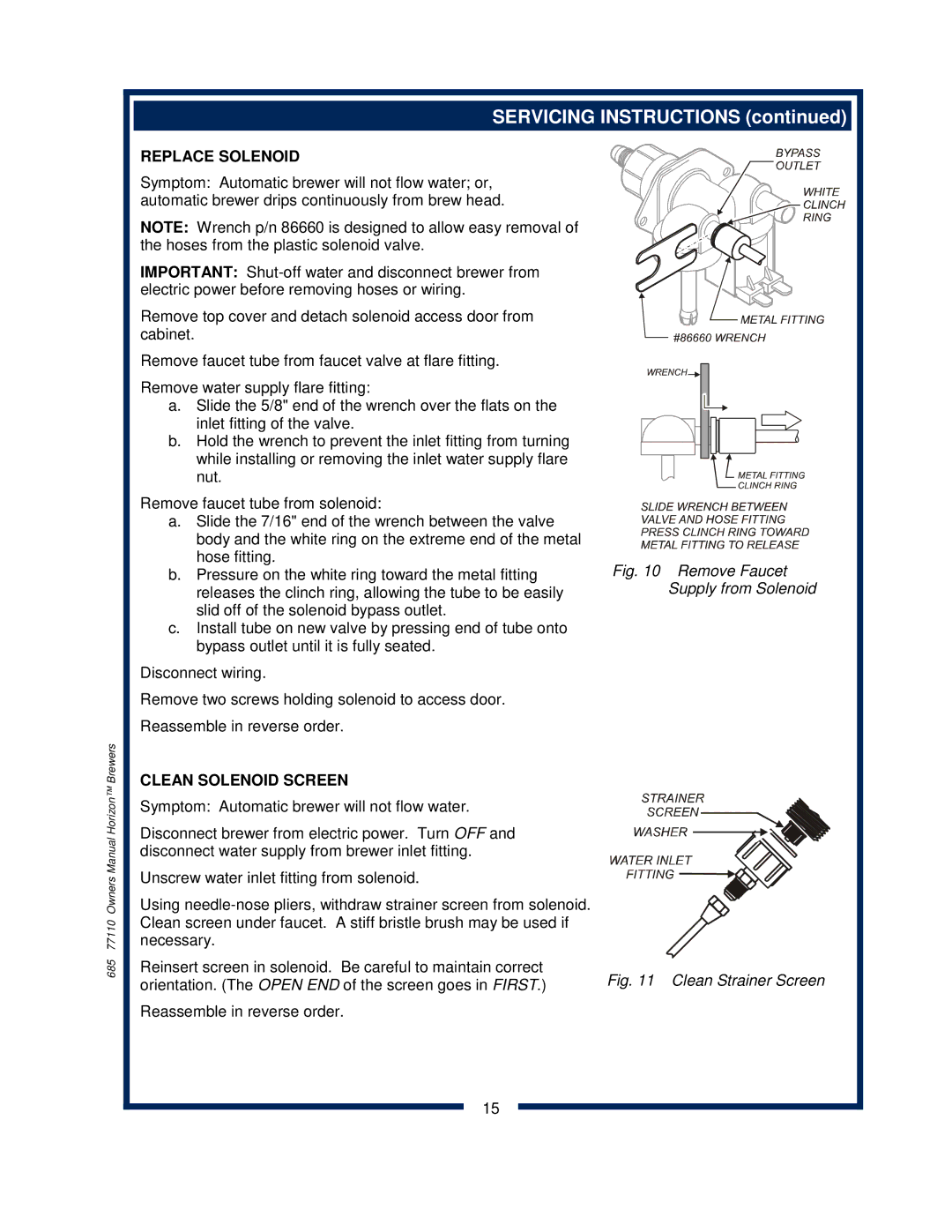 Bloomfield 0471, 0412, 0443, 0482, 0472 owner manual Replace Solenoid, Clean Solenoid Screen 