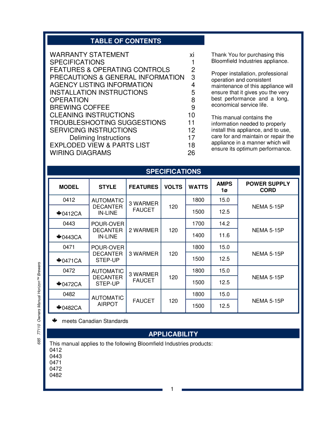 Bloomfield 0482, 0412, 0443, 0471, 0472 owner manual Table of Contents, Specifications, Applicability 