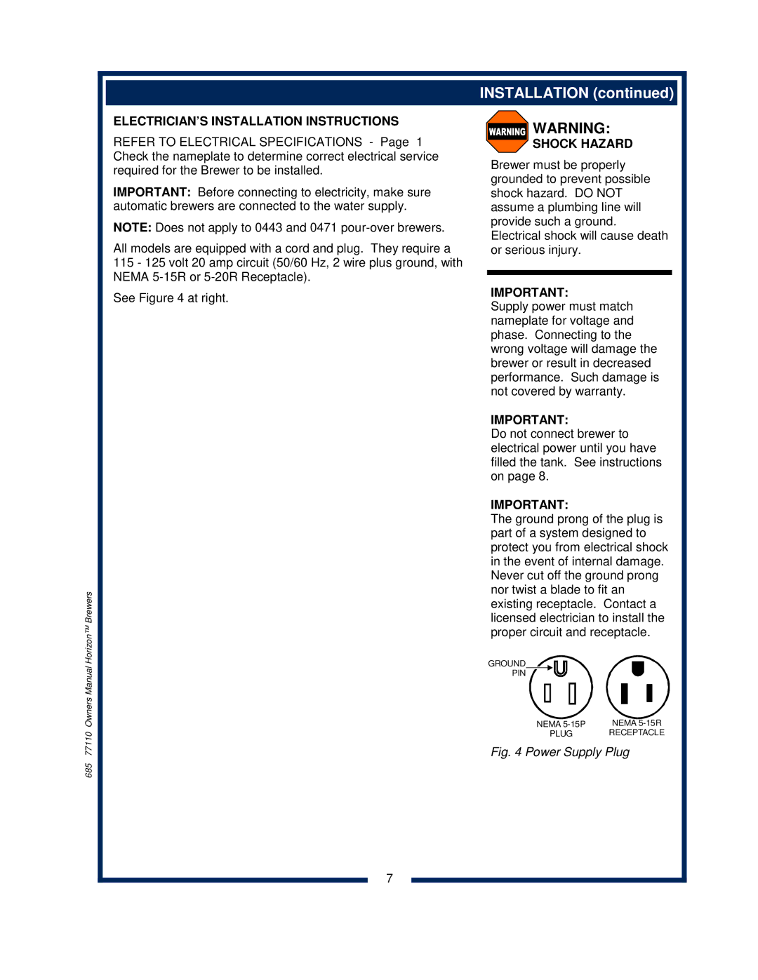 Bloomfield 0472, 0412, 0443, 0471, 0482 owner manual ELECTRICIAN’S Installation Instructions, Shock Hazard 