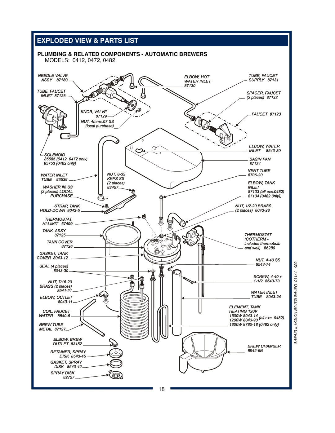 Bloomfield 0412, 0443, 0471, 0482, 0472 Exploded View & Parts List, Plumbing & Related Components - Automatic Brewers, Models 