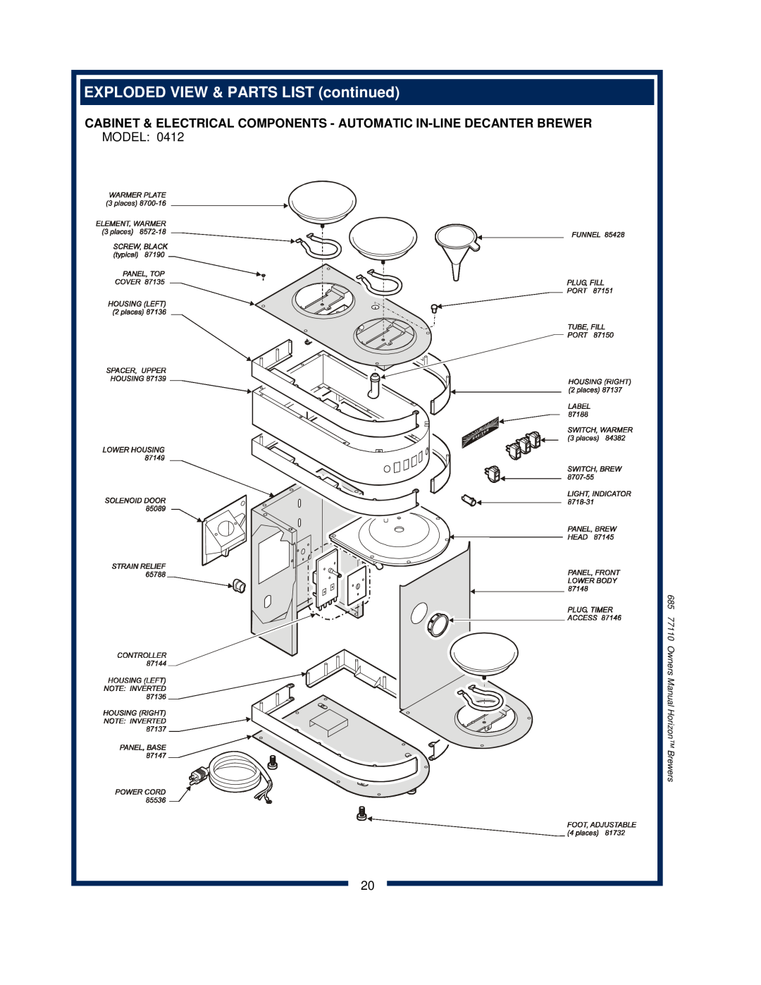 Bloomfield 0471 EXPLODED VIEW & PARTS LIST continued, Cabinet & Electrical Components - Automatic In-Line Decanter Brewer 