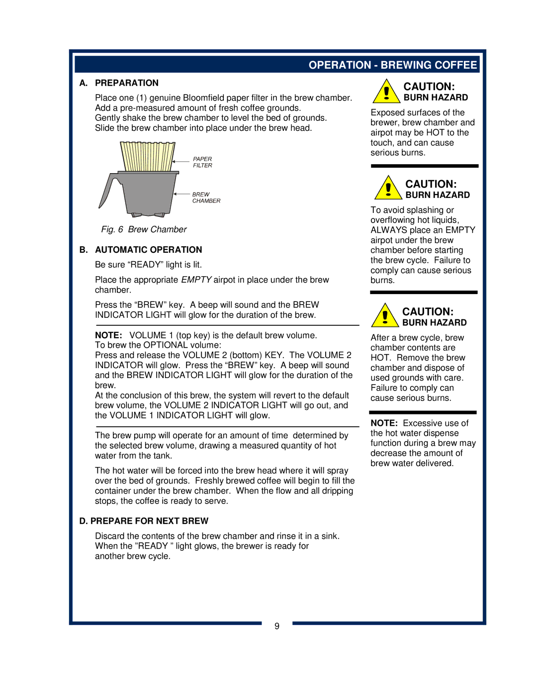 Bloomfield 0420 owner manual Operation Brewing Coffee, Preparation, Prepare for Next Brew 