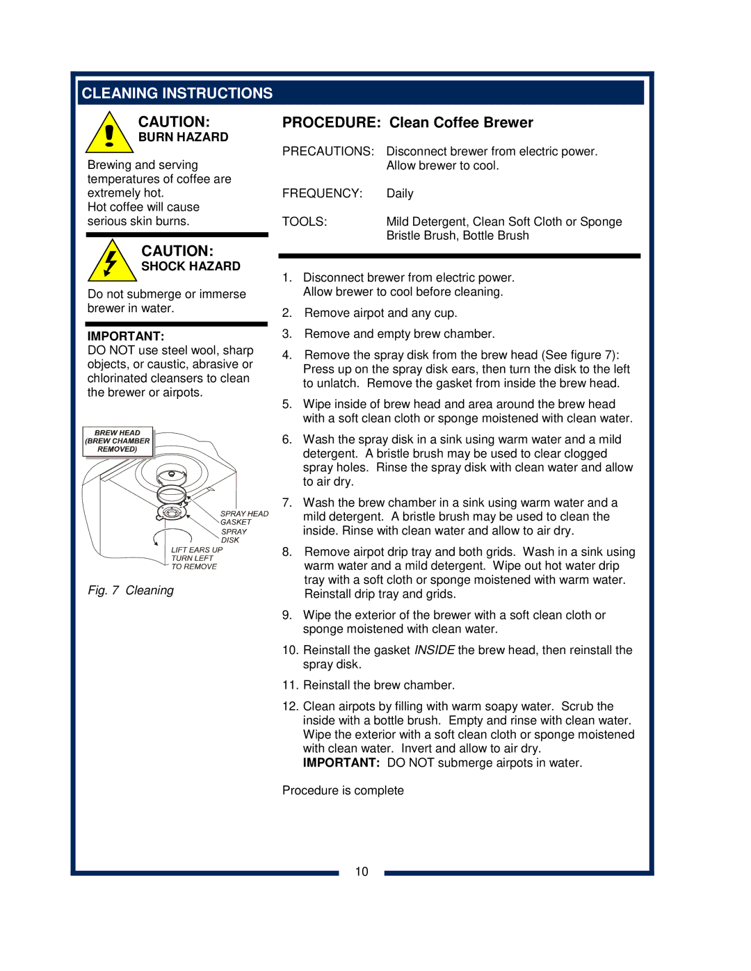 Bloomfield 0420 owner manual Cleaning Instructions, Procedure Clean Coffee Brewer 