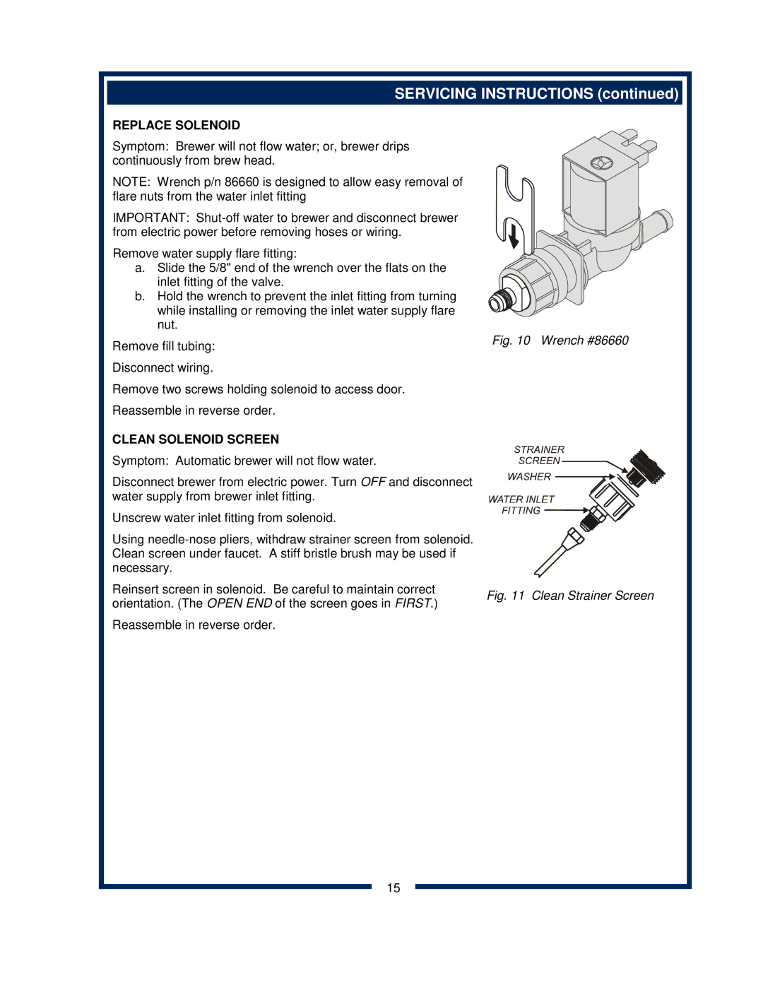 Bloomfield 0420 owner manual Replace Solenoid, Clean Solenoid Screen 