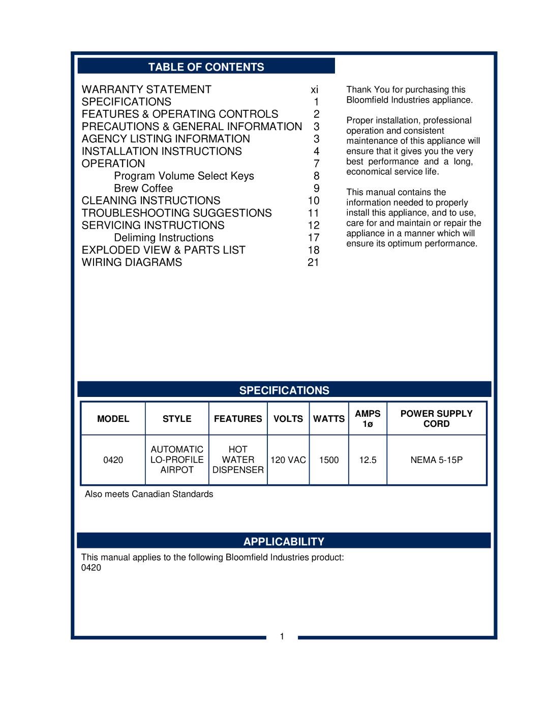 Bloomfield 0420 owner manual Table of Contents, Specifications, Applicability 