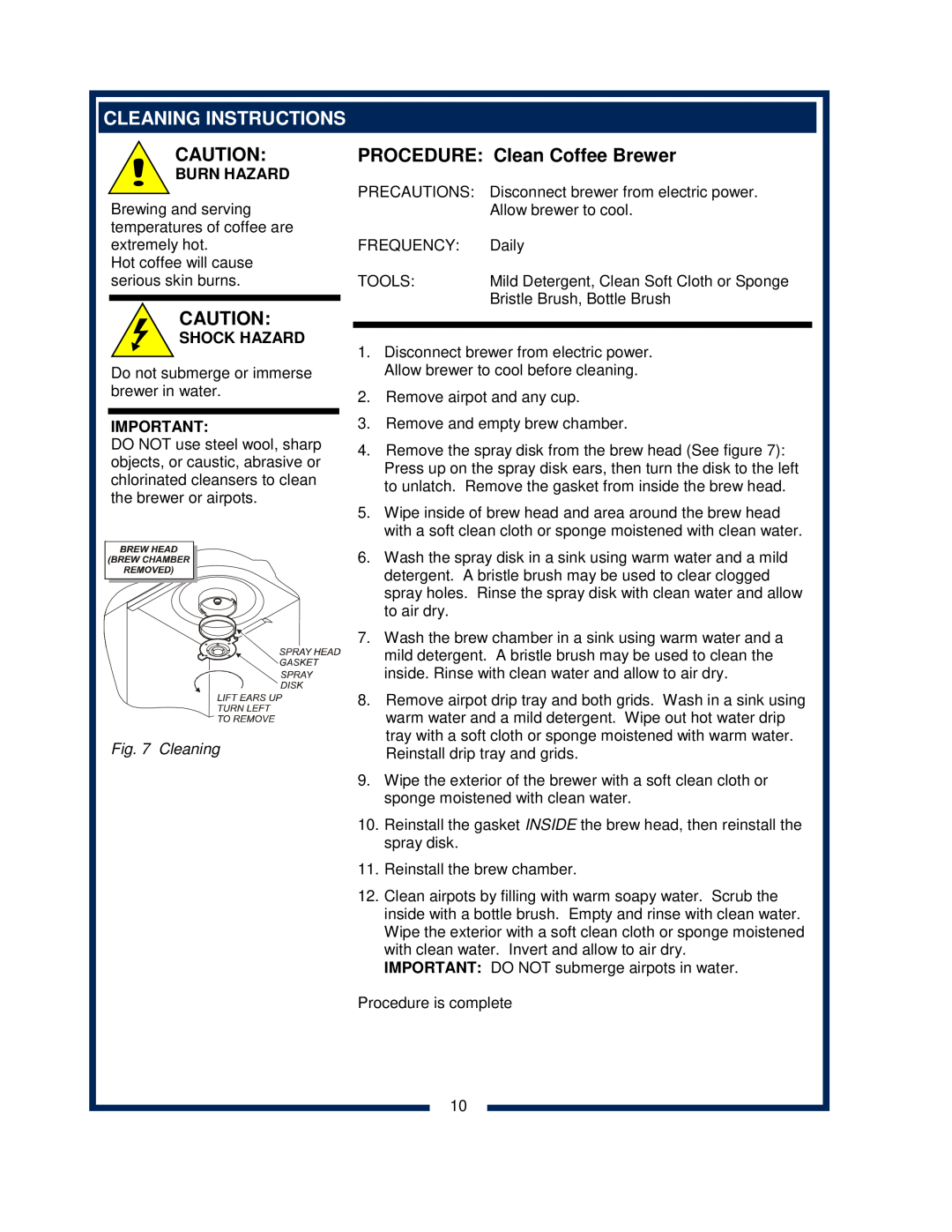 Bloomfield 0420 owner manual Cleaning Instructions, PROCEDURE Clean Coffee Brewer, Burn Hazard, Shock Hazard 