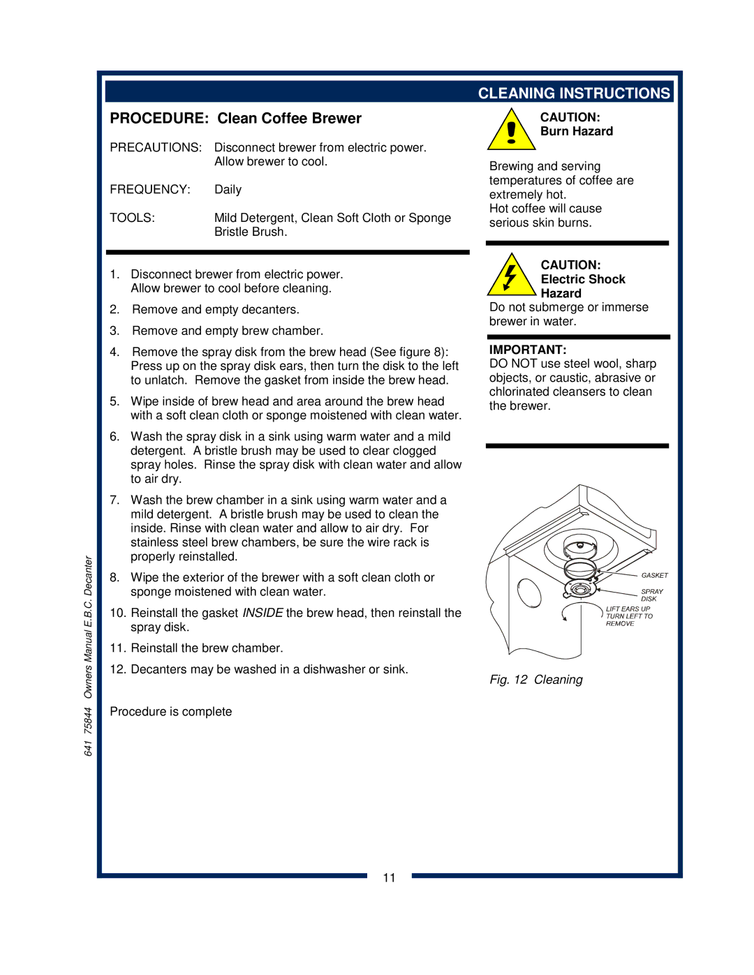 Bloomfield 1040, 1012, 1072 owner manual Cleaning Instructions, Electric Shock Hazard 