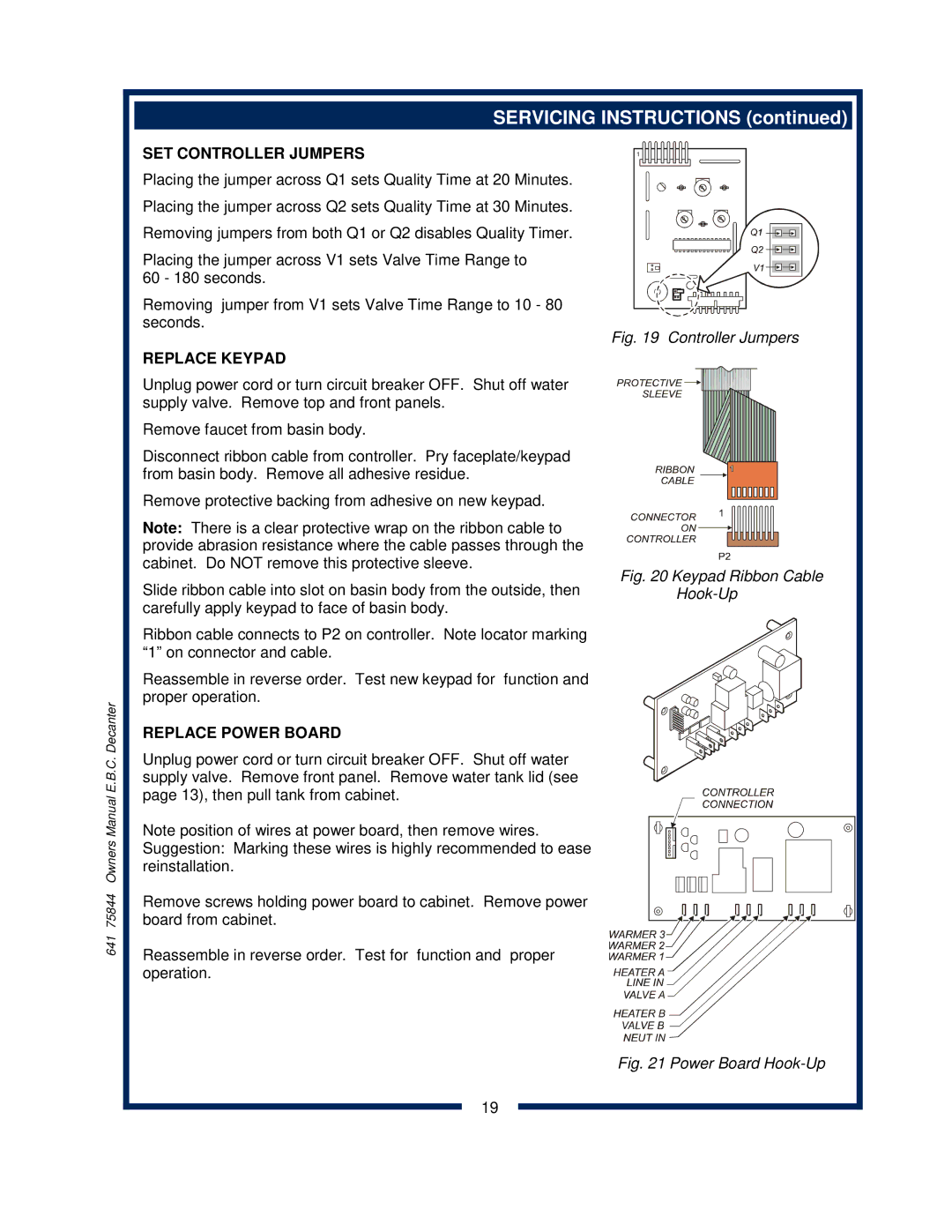 Bloomfield 1012, 1040, 1072 owner manual SET Controller Jumpers, Replace Keypad, Replace Power Board 