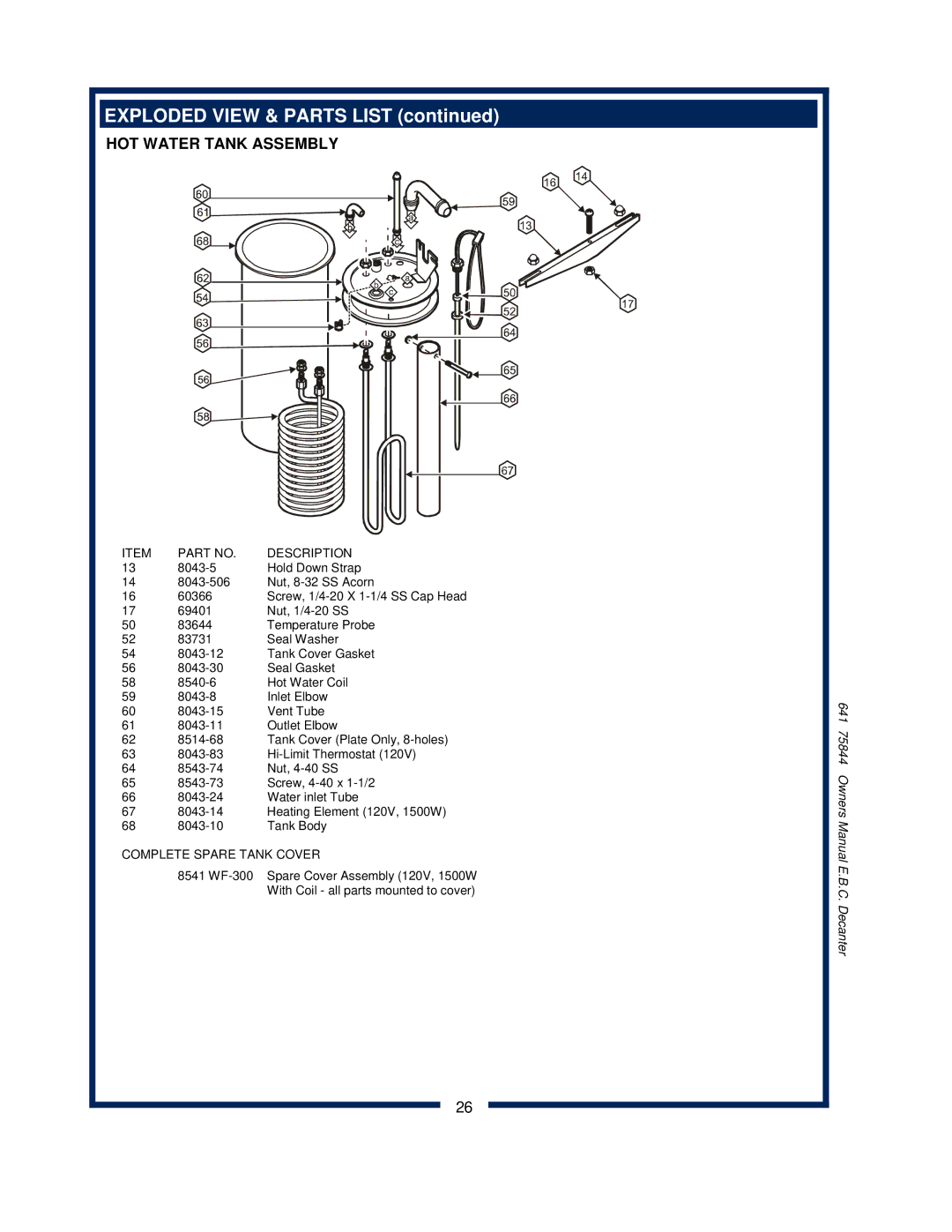 Bloomfield 1040, 1012, 1072 owner manual HOT Water Tank Assembly, Description 