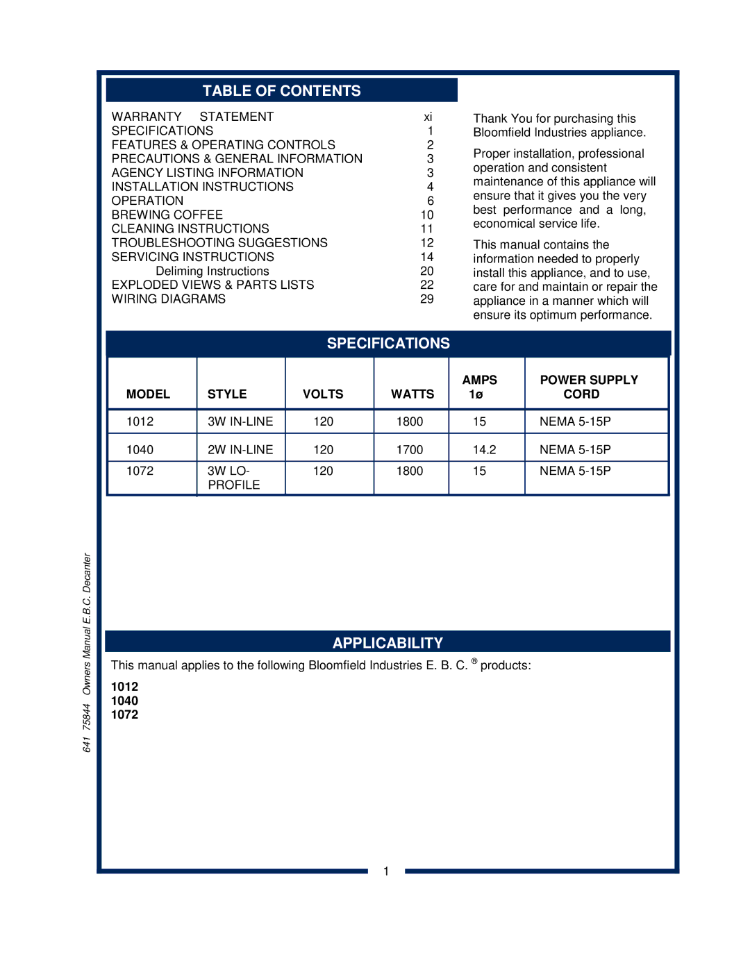 Bloomfield 1012, 1040, 1072 owner manual Table of Contents, Specifications, Applicability 