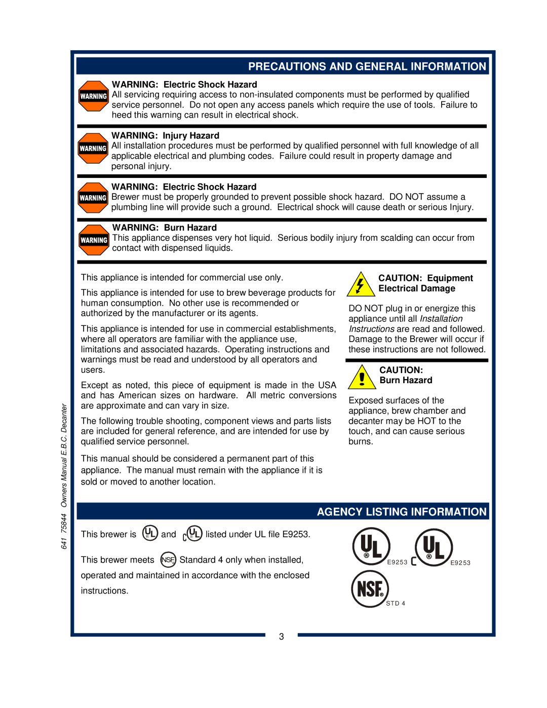 Bloomfield 1072, 1012, 1040 Precautions and General Information, Agency Listing Information, Electrical Damage, Burn Hazard 