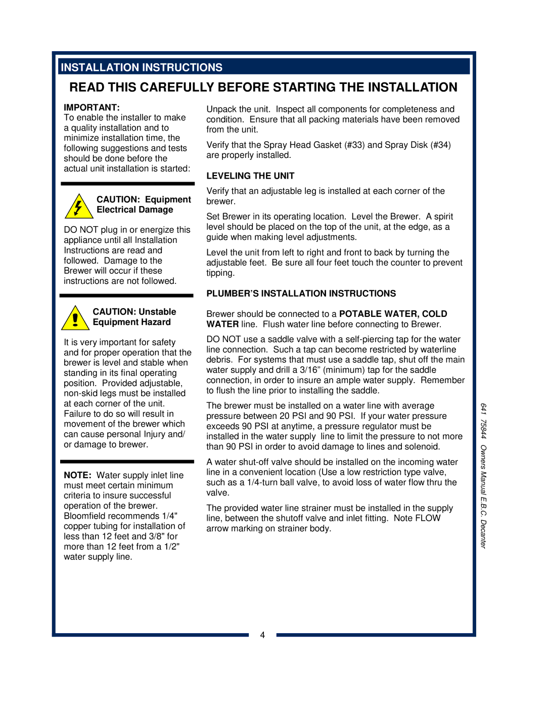 Bloomfield 1012, 1040, 1072 owner manual Equipment Hazard, Leveling the Unit, PLUMBER’S Installation Instructions 