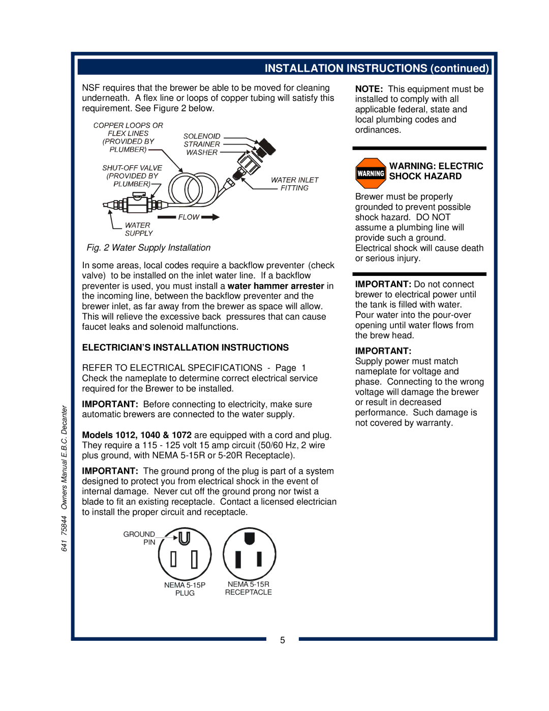 Bloomfield 1040, 1012, 1072 owner manual ELECTRICIAN’S Installation Instructions 