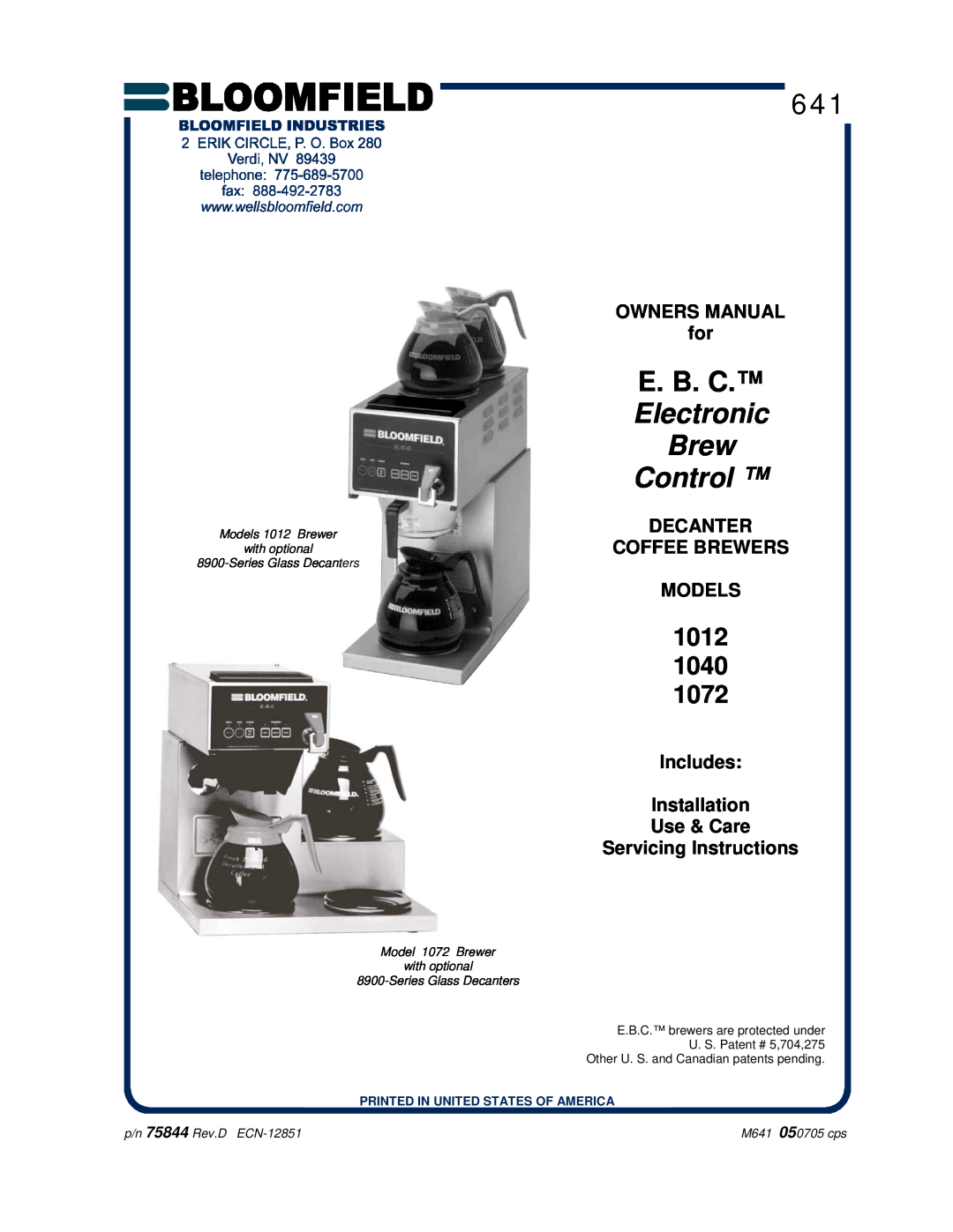 Bloomfield 1040, 1012 owner manual OWNERS MANUAL for, Decanter Coffee Brewers Models, E. B. C, Electronic Brew Control 