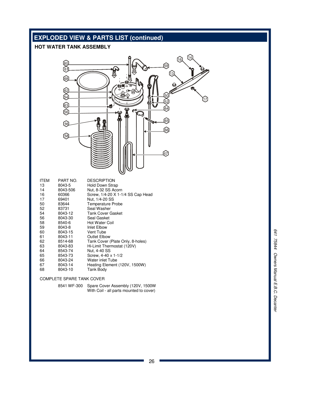 Bloomfield 1040 Hot Water Tank Assembly, EXPLODED VIEW & PARTS LIST continued, 641 75844 Owners Manual E.B.C. Decanter 
