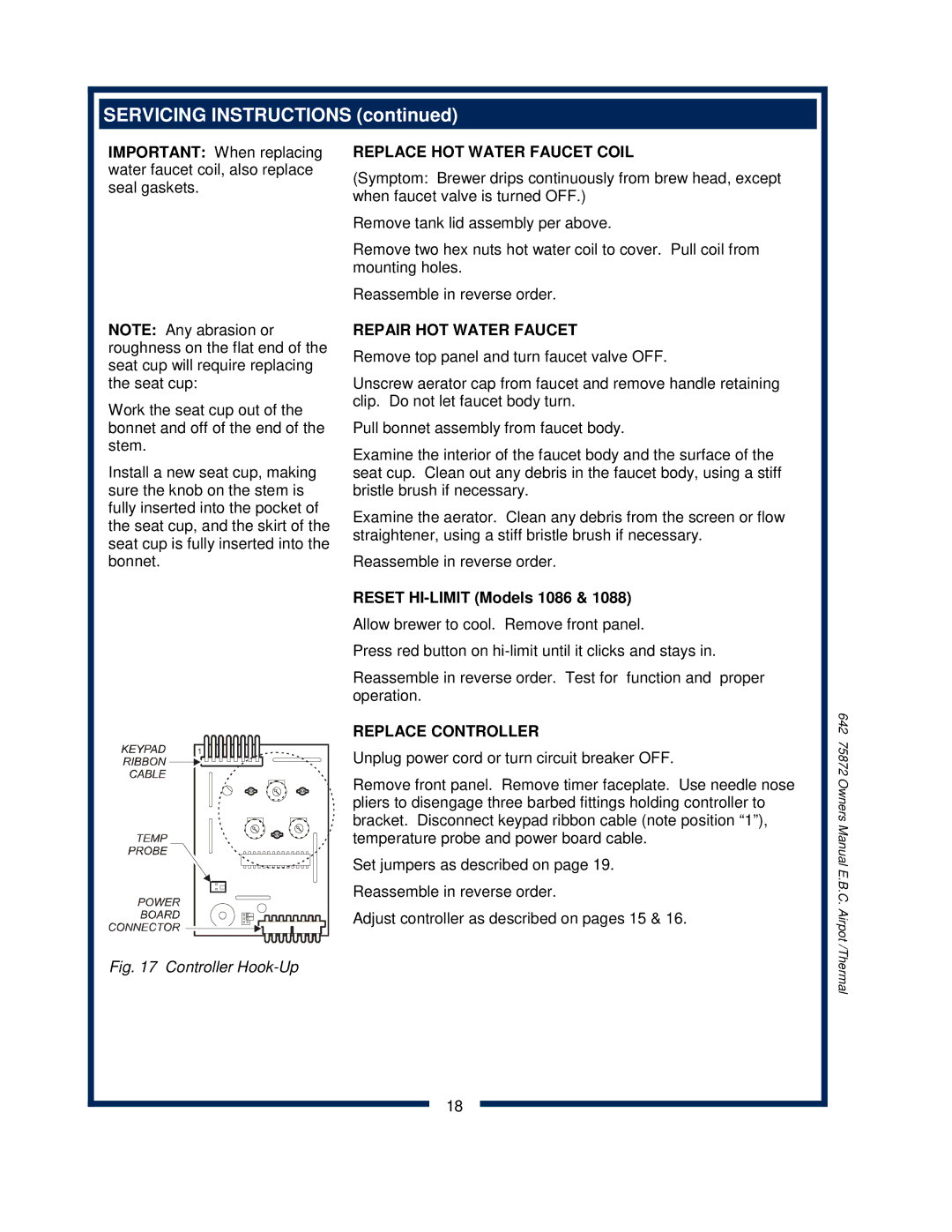 Bloomfield 1080, 1082XL, 1088 owner manual Reset HI-LIMIT Models 1086, Replace Controller 