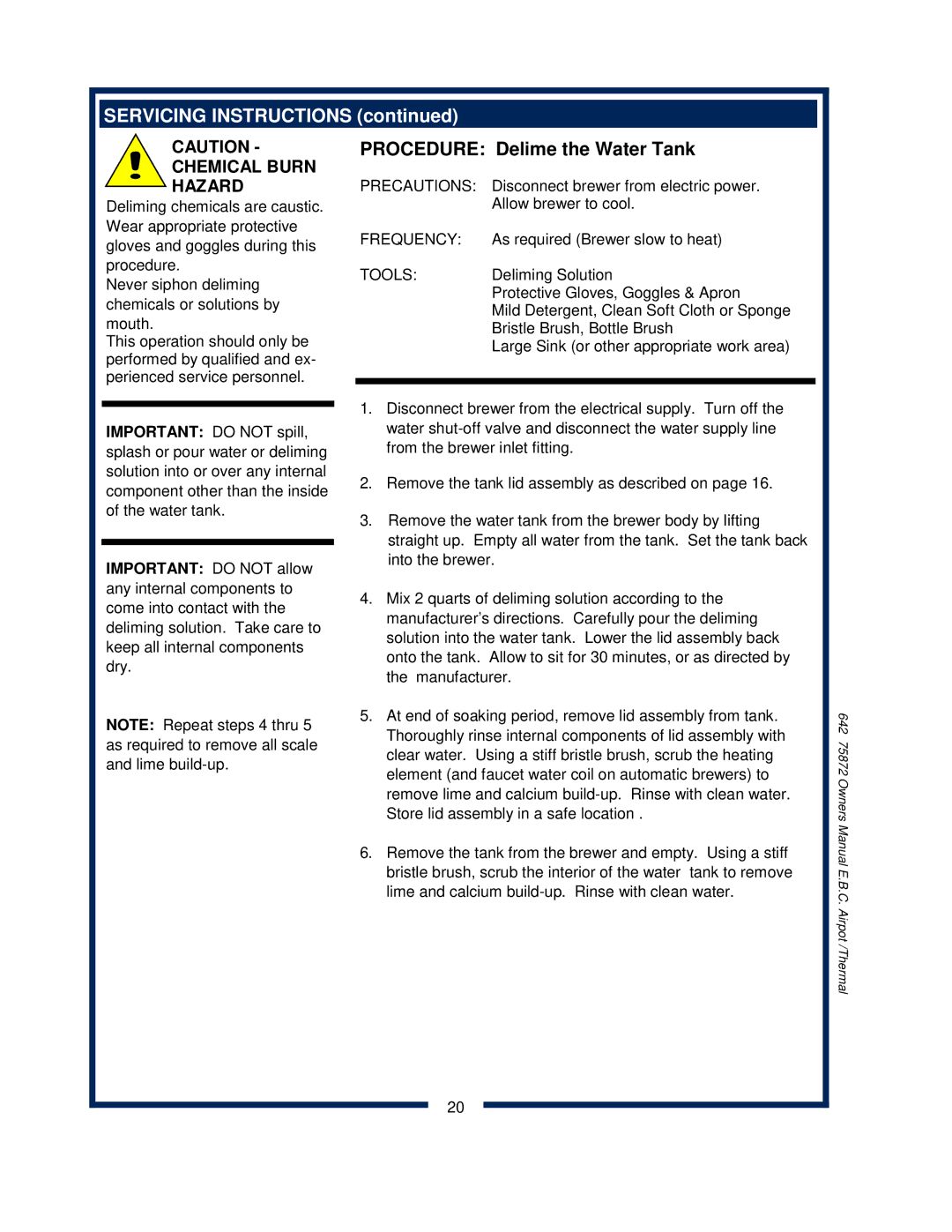 Bloomfield 1080, 1086, 1082XL, 1088 owner manual Procedure Delime the Water Tank 