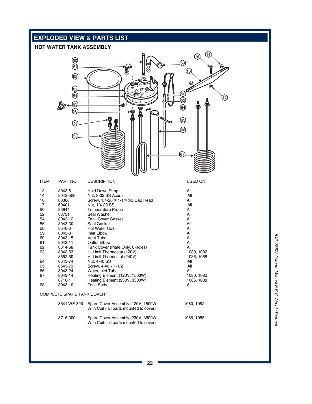 Bloomfield 1088, 1086, 1080, 1082XL owner manual Exploded View & Parts List, HOT Water Tank Assembly 