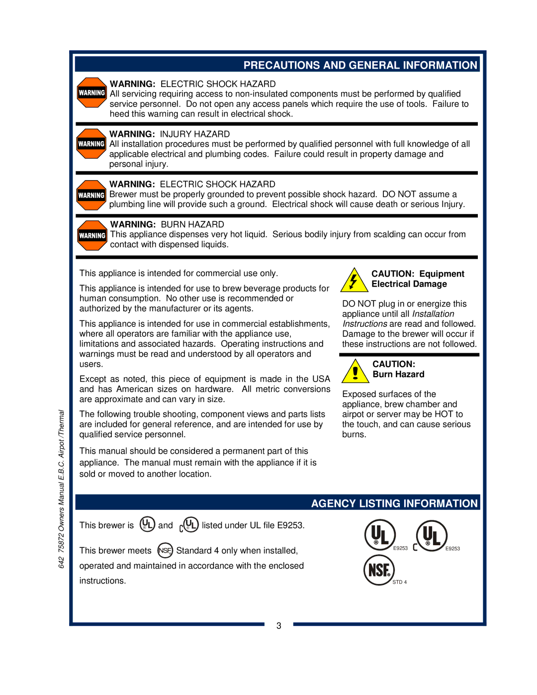 Bloomfield 1086, 1082, 1080 Precautions and General Information, Agency Listing Information, Electrical Damage, Burn Hazard 