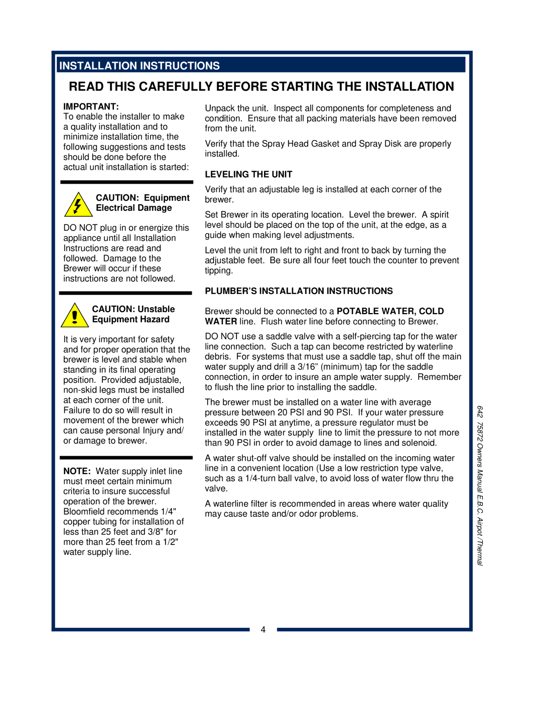 Bloomfield 1086, 1080, 1082XL, 1088 Equipment Hazard, Leveling the Unit, PLUMBER’S Installation Instructions 