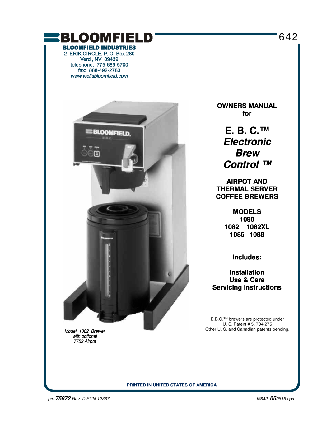 Bloomfield owner manual OWNERS MANUAL for, AIRPOT AND THERMAL SERVER COFFEE BREWERS MODELS 1080 1082 1082XL, E. B. C 