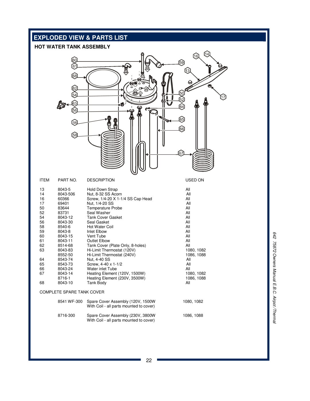 Bloomfield 1088, 1086, 1080, 1082XL owner manual Exploded View & Parts List, Hot Water Tank Assembly 