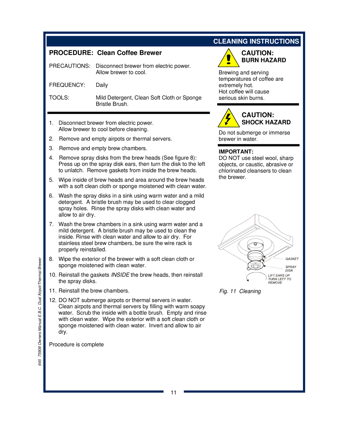 Bloomfield 1092, 1091, 1090, 1093 owner manual Procedure Clean Coffee Brewer, Cleaning Instructions 