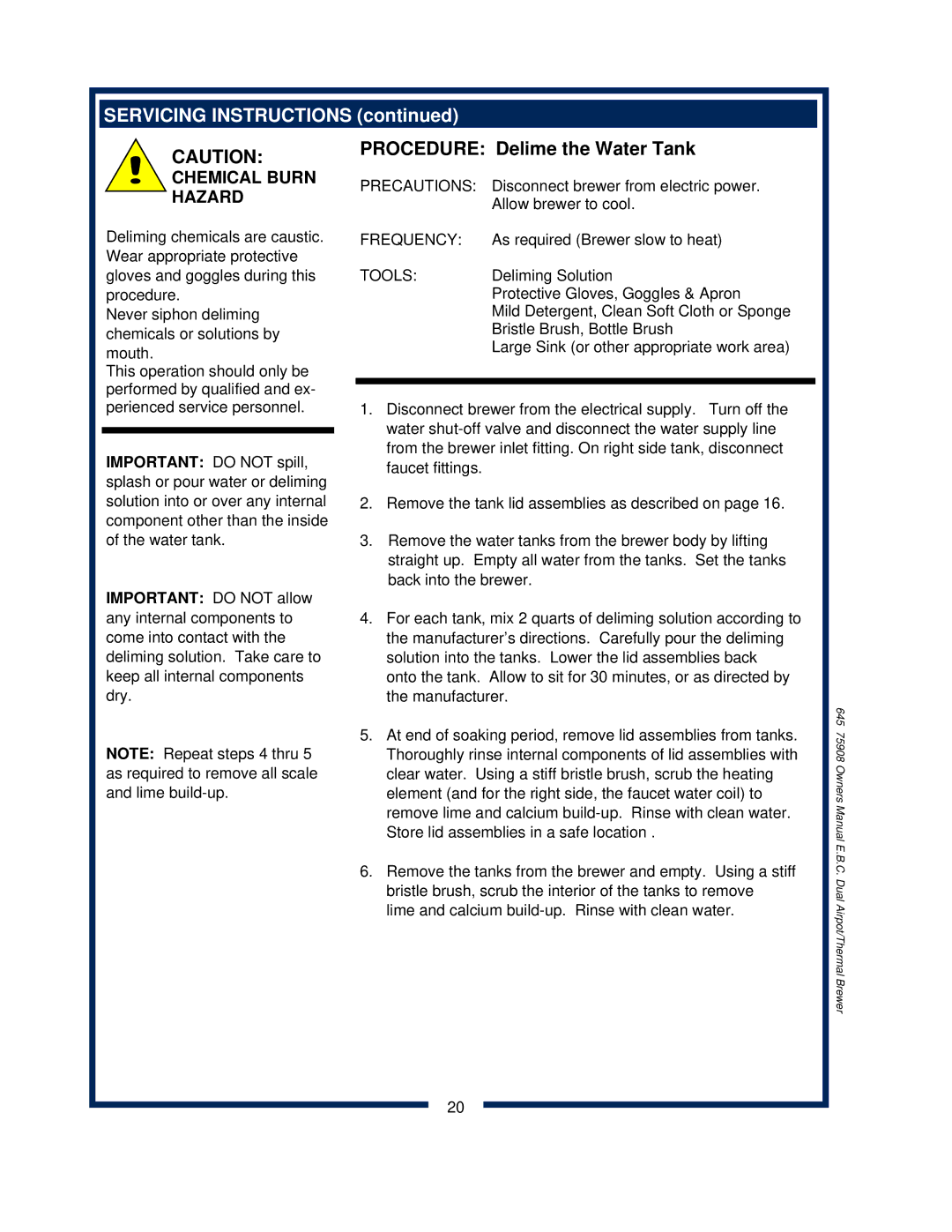 Bloomfield 1090, 1091, 1092, 1093 owner manual Procedure Delime the Water Tank 