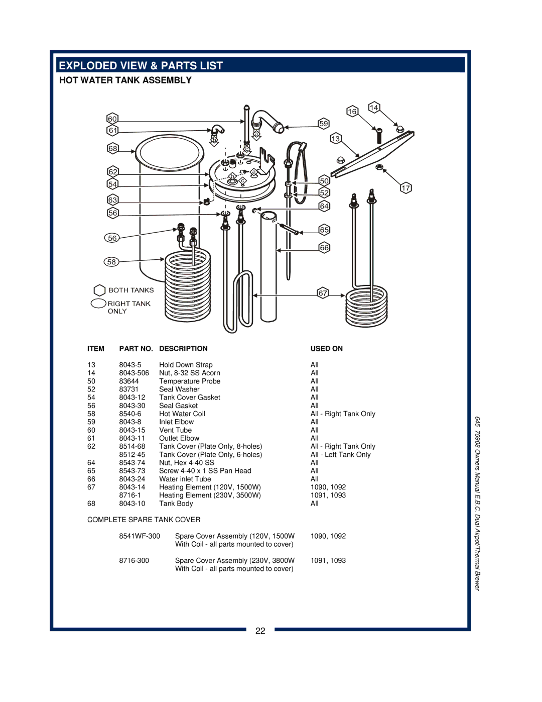 Bloomfield 1091, 1092, 1090, 1093 owner manual HOT Water Tank Assembly, Description Used on 