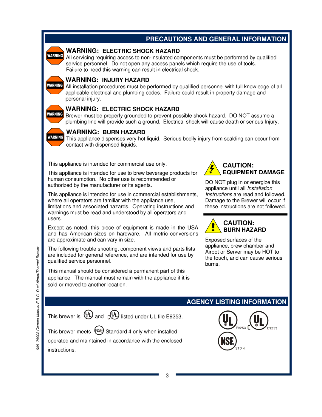 Bloomfield 1092, 1091, 1090, 1093 owner manual Precautions and General Information, Agency Listing Information 