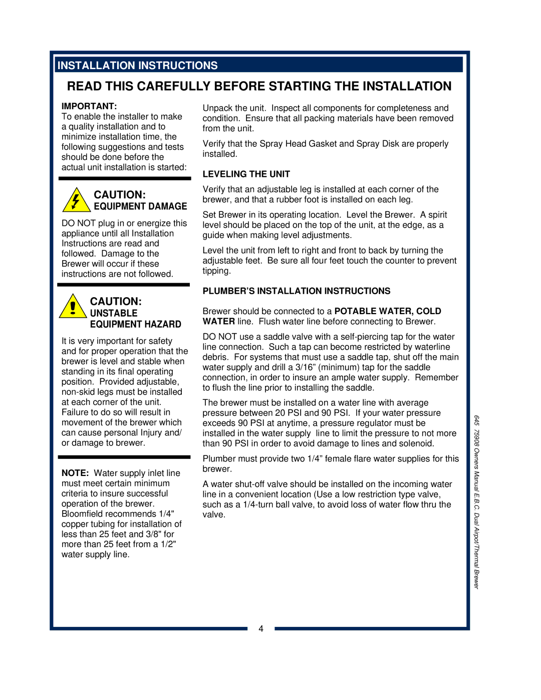 Bloomfield 1090, 1091, 1092, 1093 owner manual Leveling the Unit, PLUMBER’S Installation Instructions 