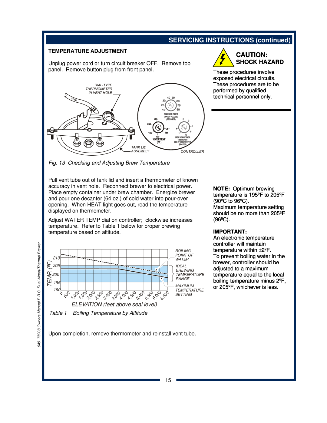 Bloomfield 1092, 1091, 1090, 1093 owner manual SERVICING INSTRUCTIONS continued, Shock Hazard, Temperature Adjustment 