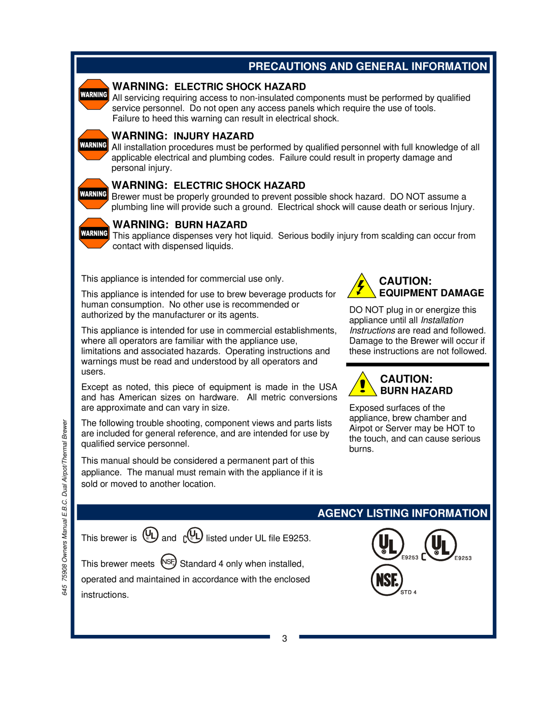 Bloomfield 1092, 1091, 1090 Precautions And General Information, Agency Listing Information, Warning Electric Shock Hazard 