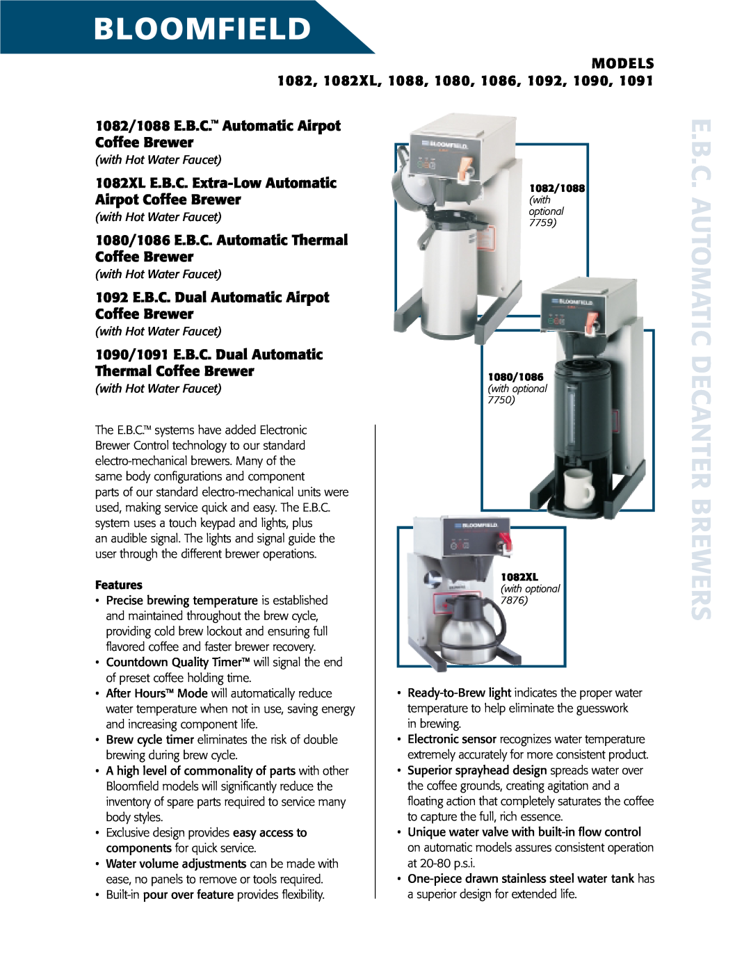 Bloomfield 1092, 1091, 1090 manual 1082, 1082XL, 1082/1088 E.B.C. Automatic Airpot Coffee Brewer, MODELS 1088, 1080 