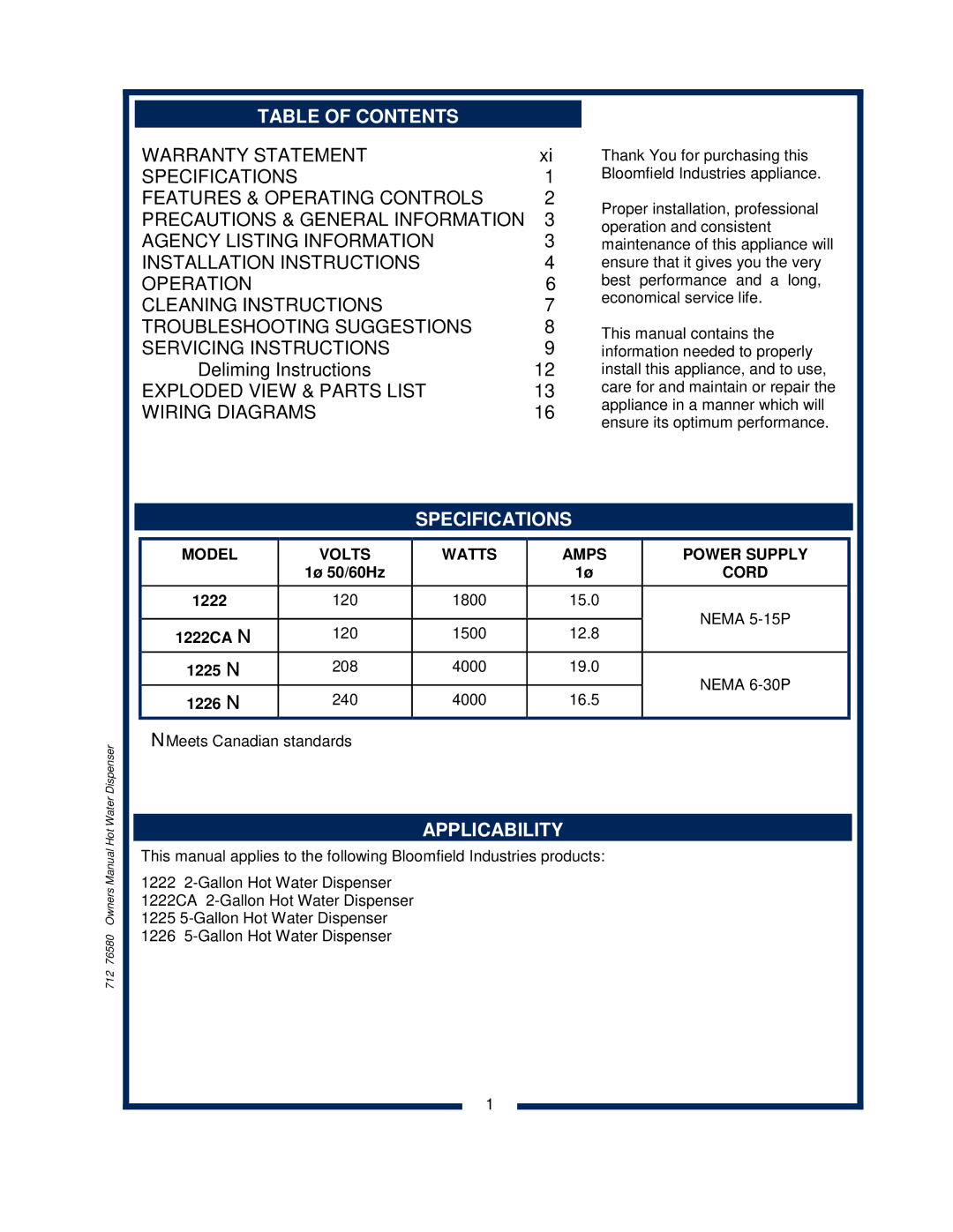 Bloomfield 1225, 1222 1, 1226, 222CA owner manual Table of Contents, Specifications, Applicability 