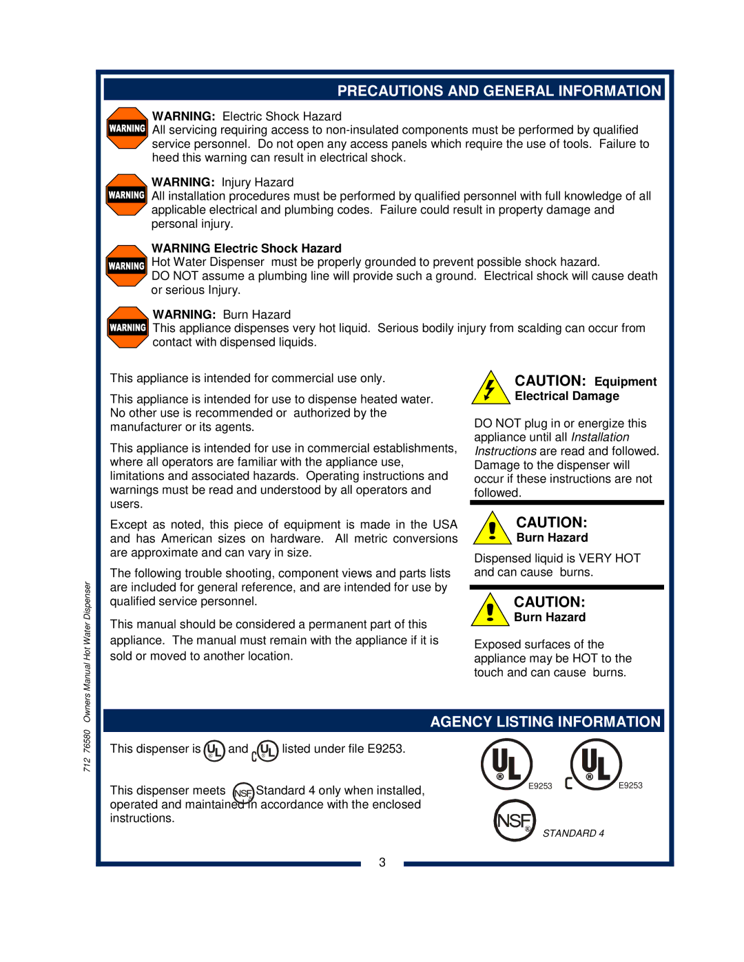 Bloomfield 1226, 1222 1, 222CA, 1225 owner manual Precautions and General Information, Agency Listing Information 