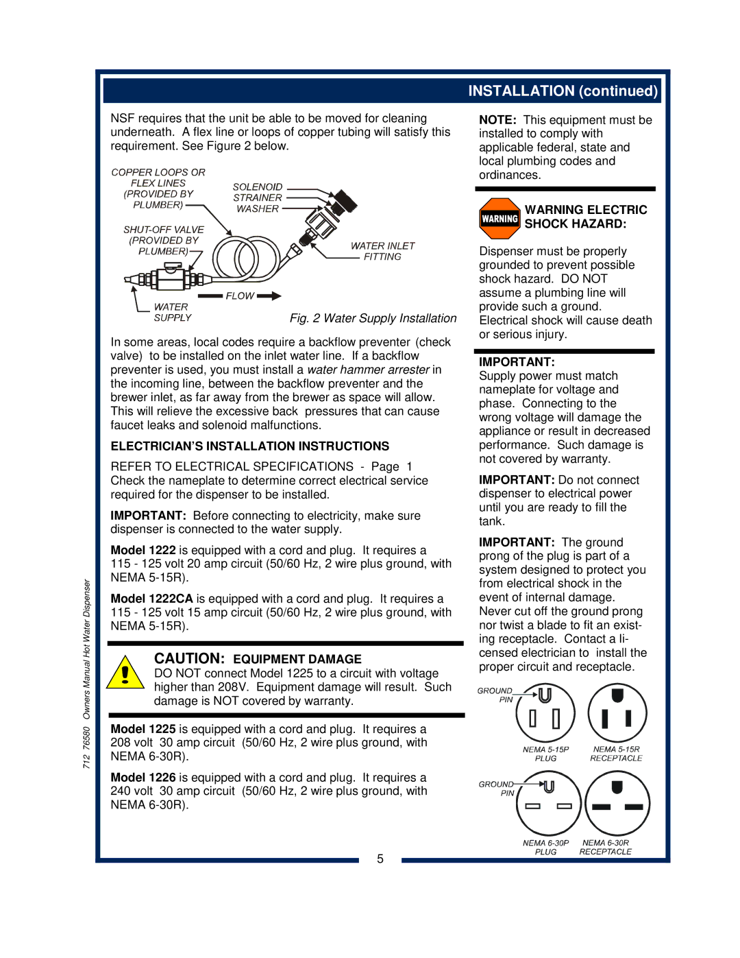 Bloomfield 1225, 1222 1, 1226, 222CA owner manual ELECTRICIAN’S Installation Instructions 