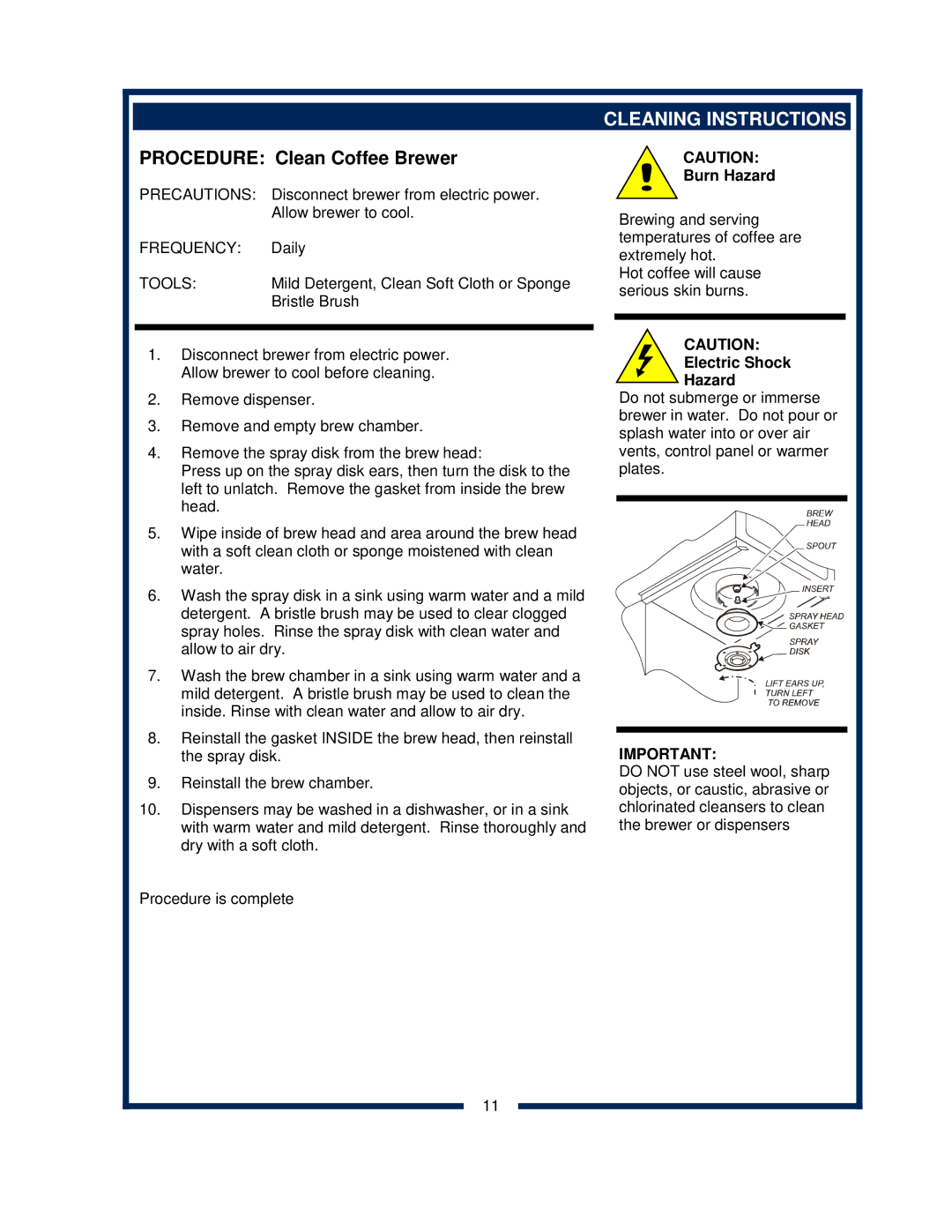 Bloomfield 2030 owner manual Cleaning Instructions, Electric Shock Hazard 