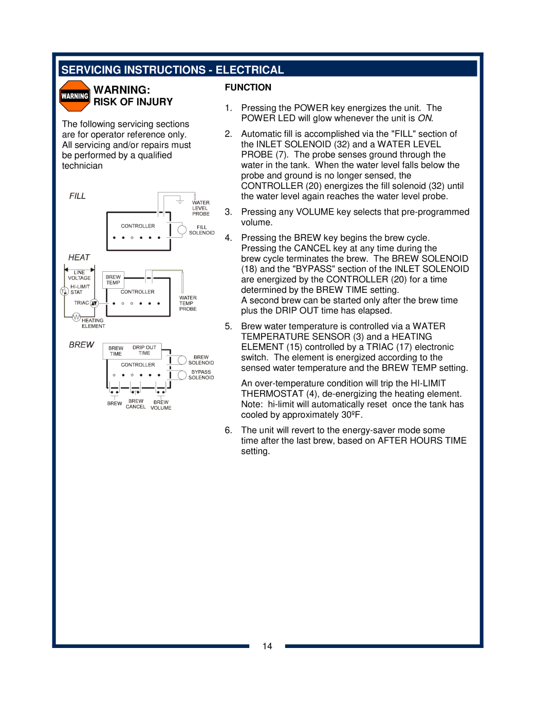 Bloomfield 2030 owner manual Servicing Instructions Electrical, Risk of Injury 