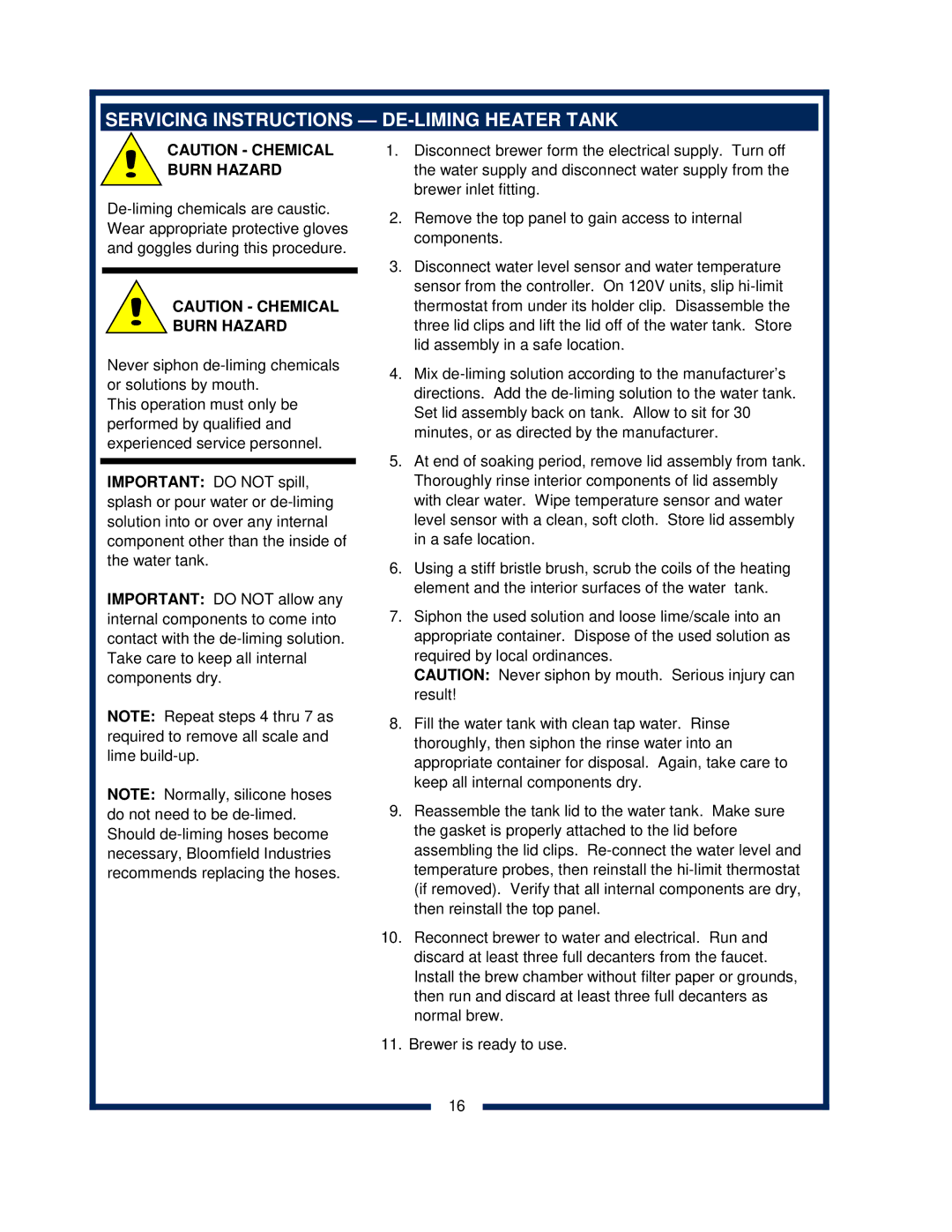 Bloomfield 2030 owner manual Servicing Instructions DE-LIMING Heater Tank, Burn Hazard 