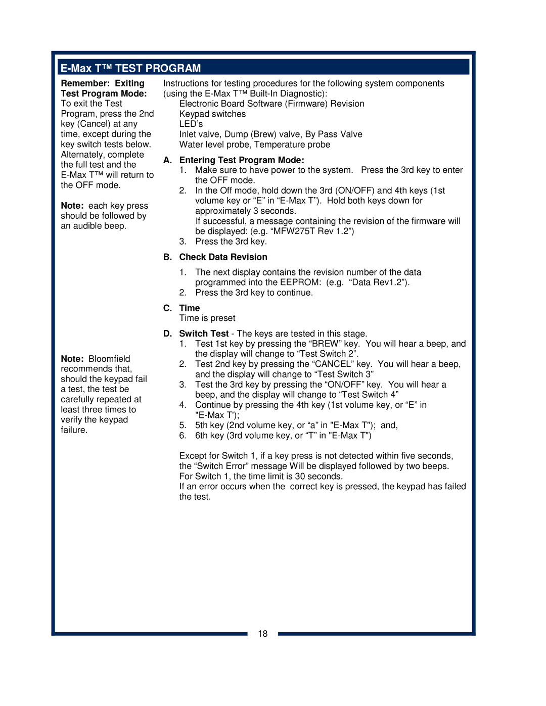 Bloomfield 2030 owner manual Max T Test Program, Entering Test Program Mode, Check Data Revision, Time 