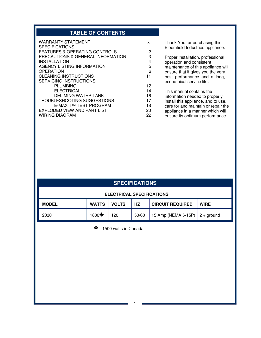 Bloomfield 2030 owner manual Table of Contents, Specifications 