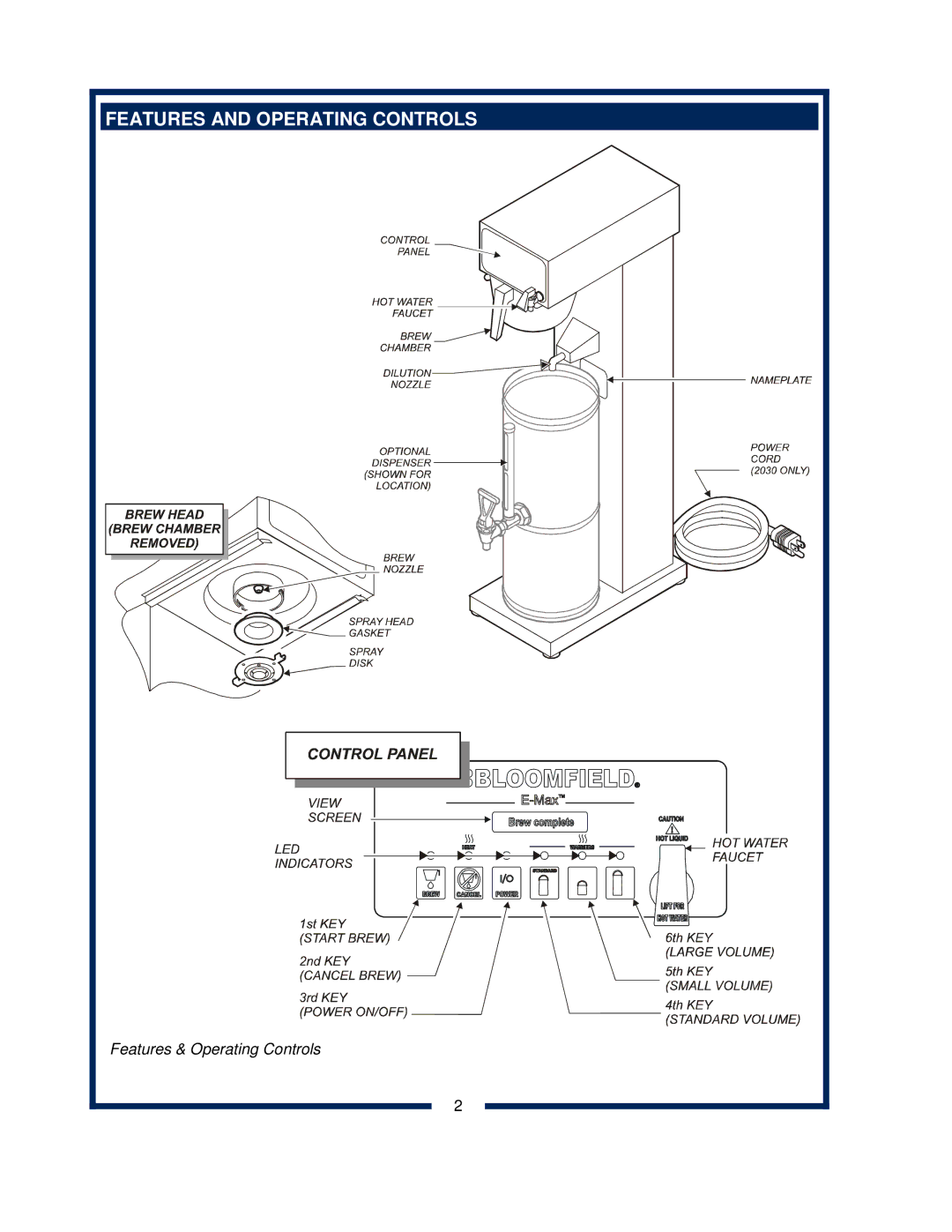 Bloomfield 2030 owner manual Features and Operating Controls 