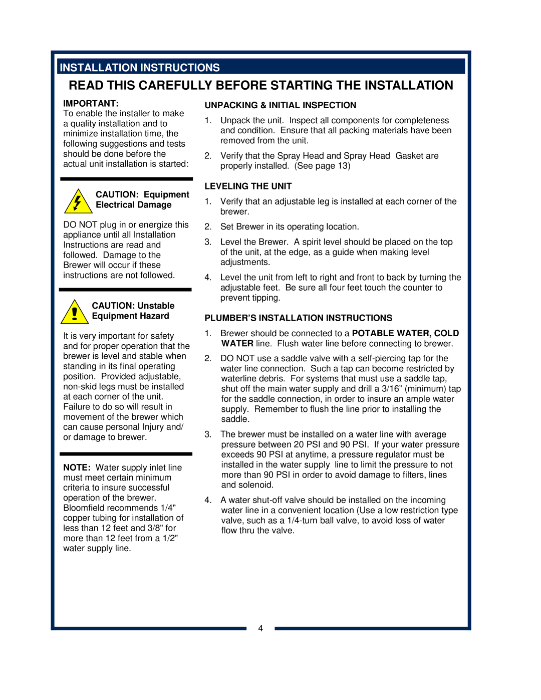 Bloomfield 2030 owner manual Installation Instructions, Equipment Hazard, Unpacking & Initial Inspection, Leveling the Unit 