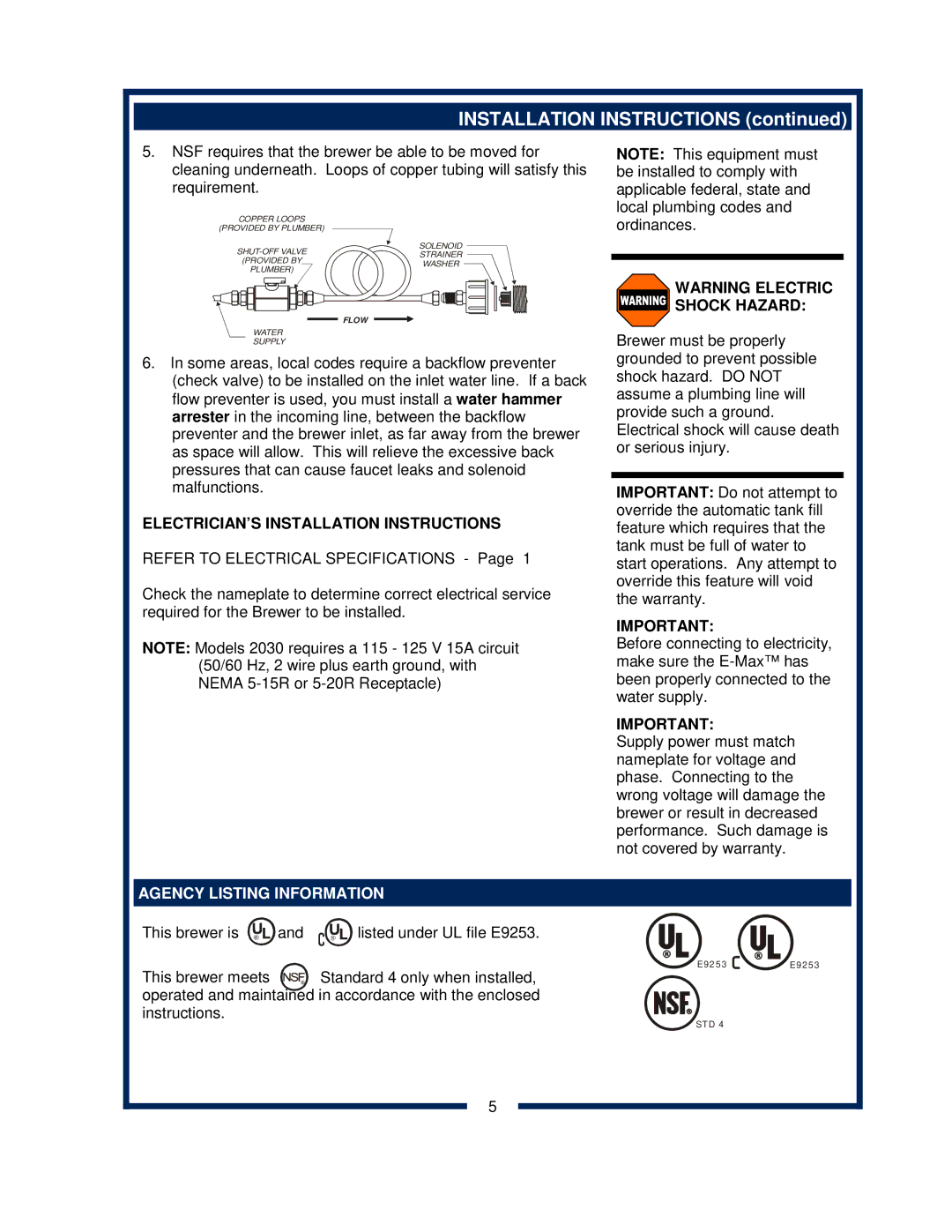 Bloomfield 2030 owner manual ELECTRICIAN’S Installation Instructions 