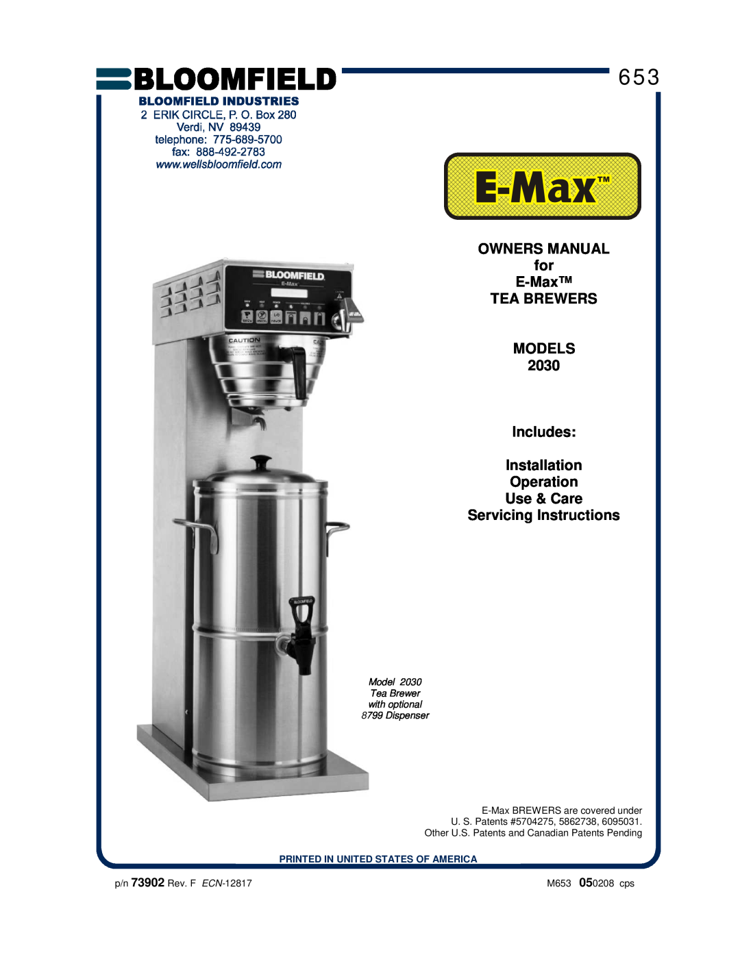 Bloomfield 2030 owner manual Operation Use & Care Servicing Instructions, Model, Tea Brewer with optional 8799 Dispenser 