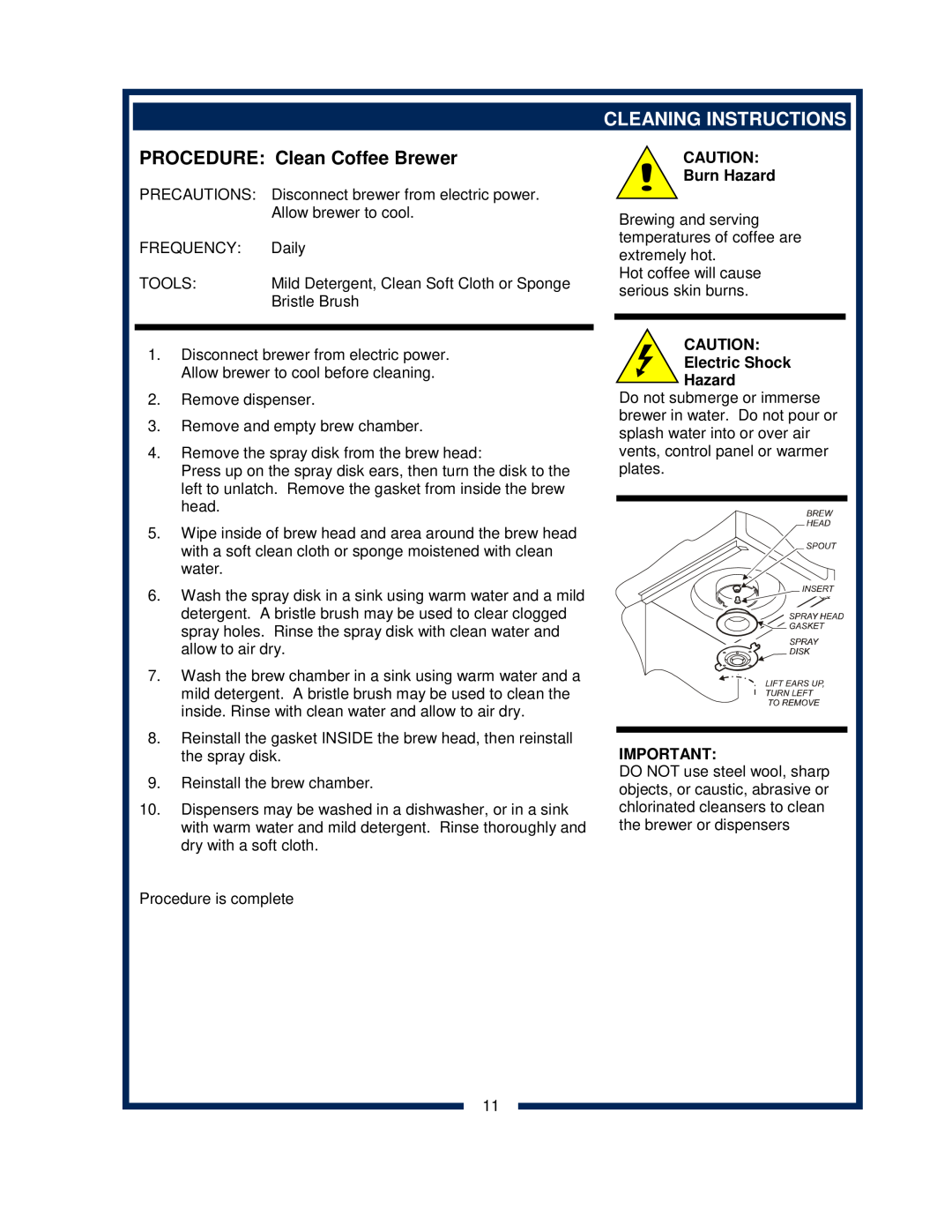 Bloomfield 2030 owner manual PROCEDURE Clean Coffee Brewer, Cleaning Instructions 