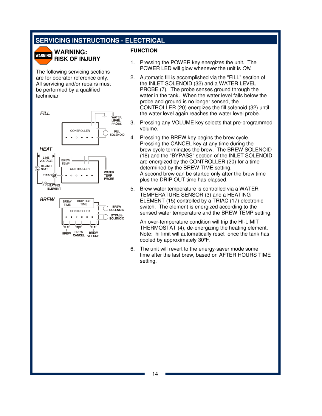 Bloomfield 2030 owner manual Servicing Instructions - Electrical, Risk Of Injury 