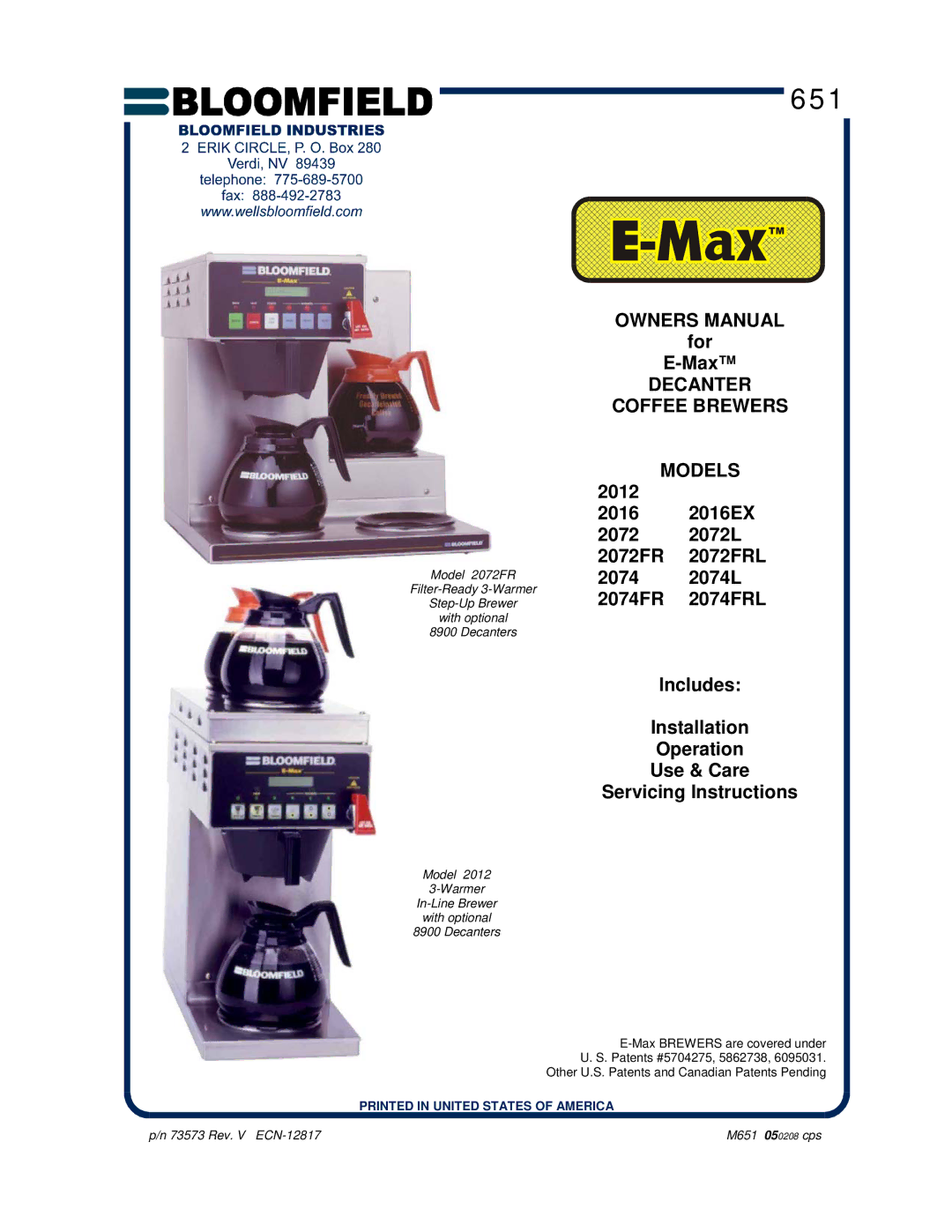 Bloomfield 2072FRL, 2074L, 2012, 2016EX, 2074FRL, 2072L owner manual 651 